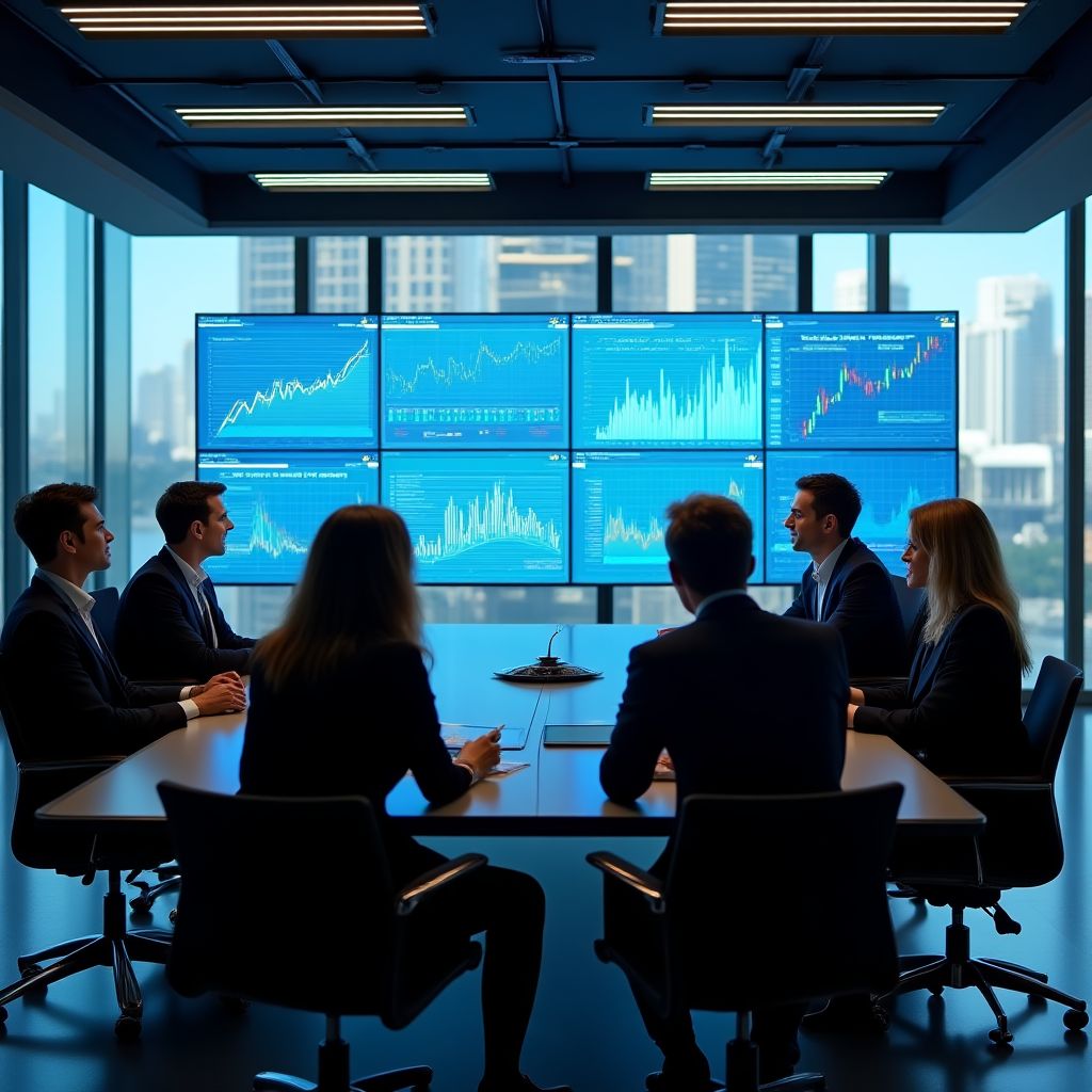 Equipo de consultores financieros en una reunión estratégica discutiendo gráficos.
