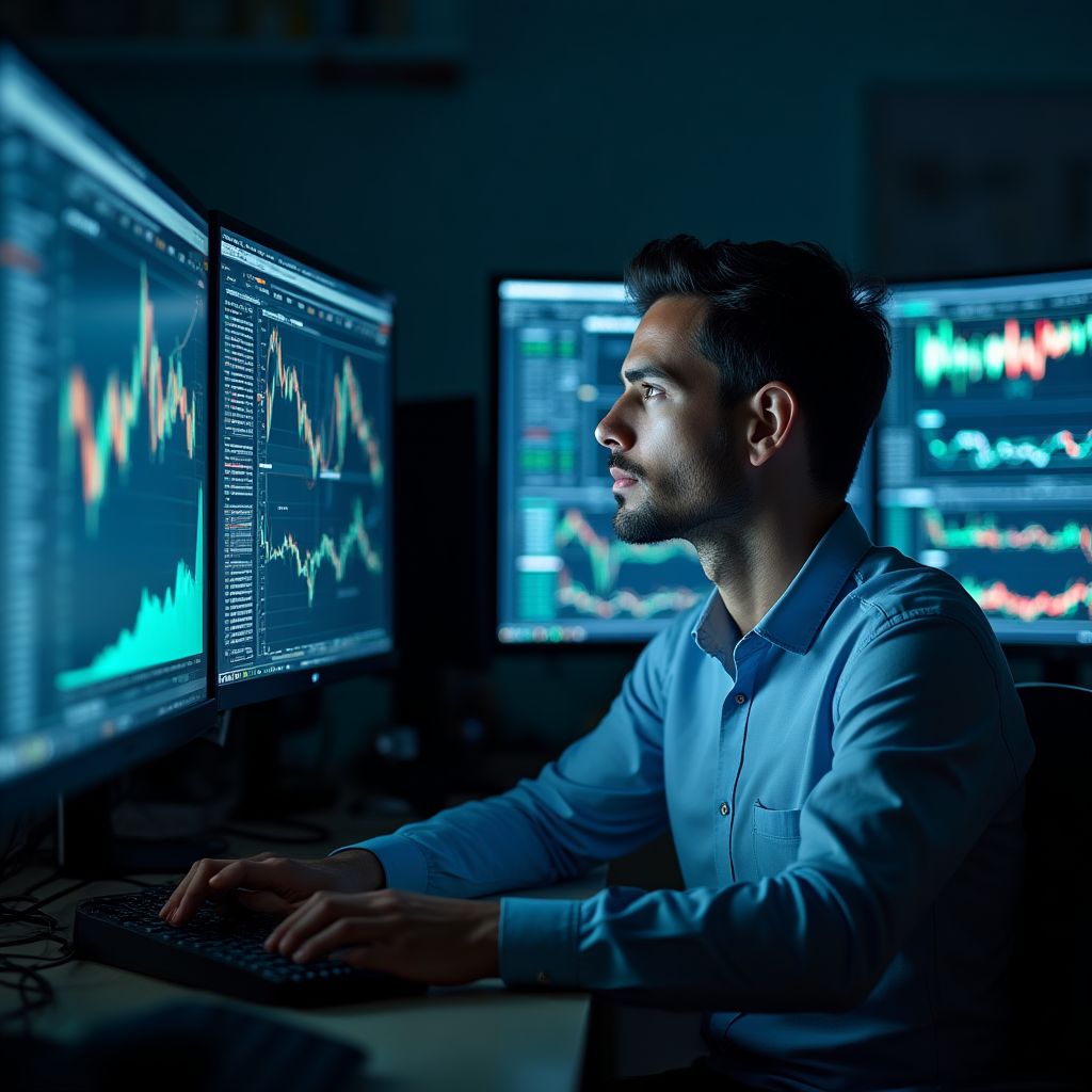 Analista financiero revisando datos en múltiples monitores.